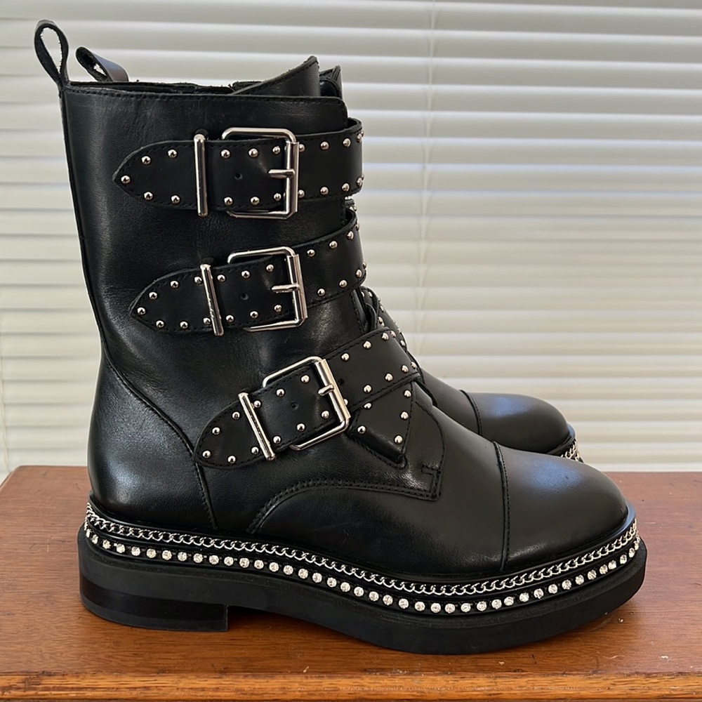 Vince Camuto Bobette 3-Strap Black Leather Combat Boots